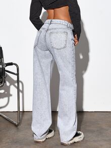 RiviMae WOMEN CLASSIC LOW WAIST STRAIGHT LIGHT GREY WASH DENIM JEAN - Light Grey - View 2