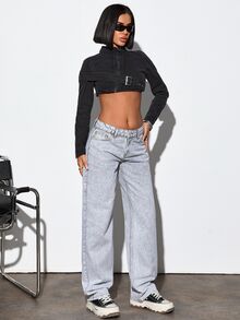 RiviMae WOMEN CLASSIC LOW WAIST STRAIGHT LIGHT GREY WASH DENIM JEAN - Light Grey - View 7
