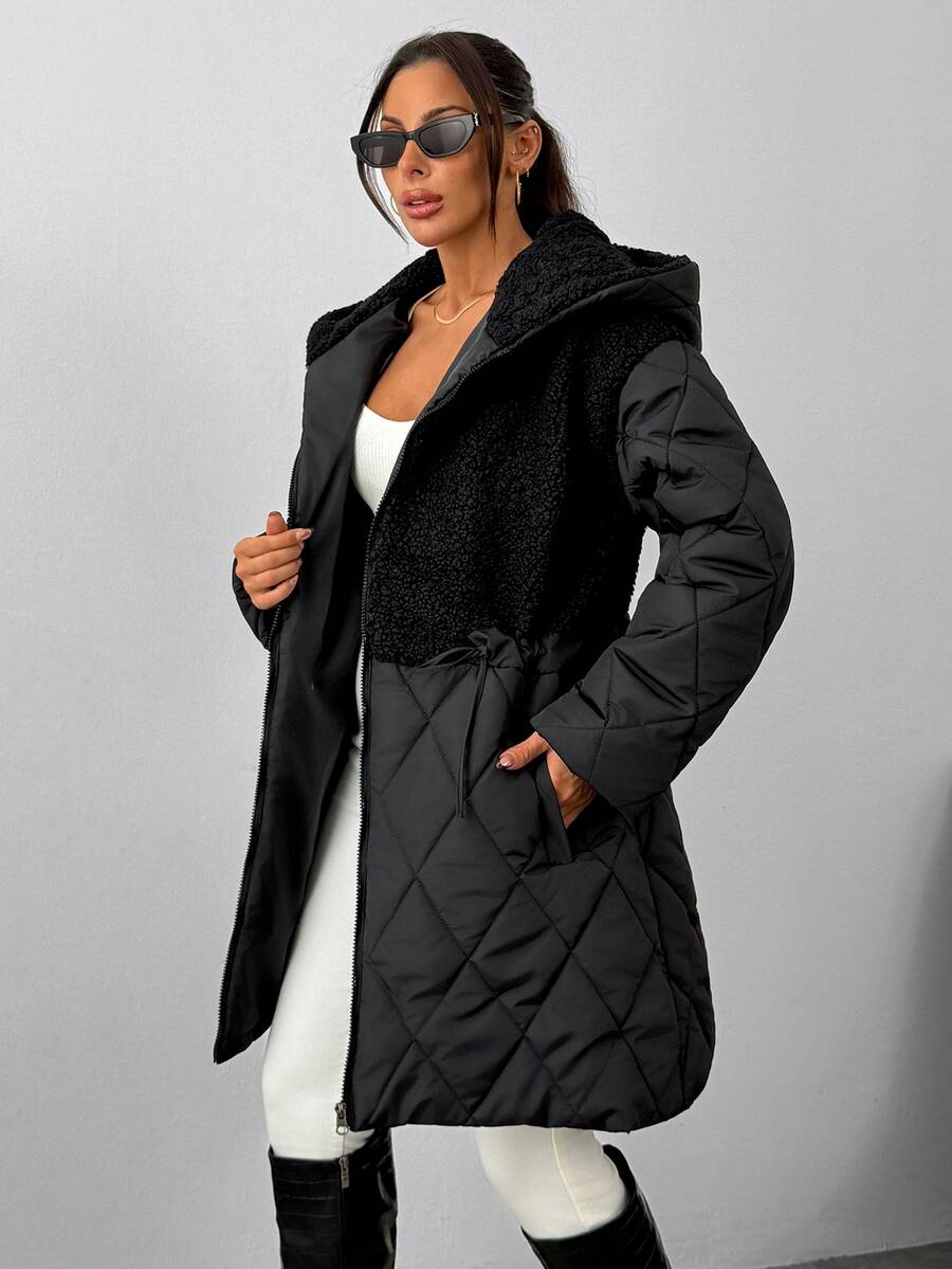 RiviMae Women's Black Faux Leather Winter Parka With Hood And Drawstring Waist - الأسود - مشاهدة 1
