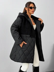 RiviMae Women's Black Faux Leather Winter Parka With Hood And Drawstring Waist - الأسود - مشاهدة 2