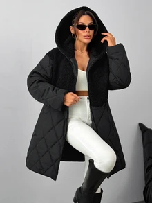 RiviMae Women's Black Faux Leather Winter Parka With Hood And Drawstring Waist - الأسود - مشاهدة 5
