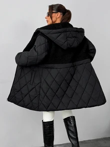 RiviMae Women's Black Faux Leather Winter Parka With Hood And Drawstring Waist - الأسود - مشاهدة 7