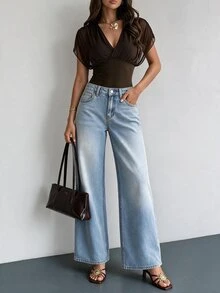 RiviMae WOMEN CLASSIC LOW WAIST WIDELEG LIGHT BLUE WASH DENIM JEAN - Light Wash - View 1