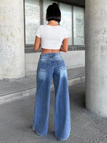 RiviMae Women's Low Waist Pocketed Wide Leg Loose Casual Versatile Jeans - Medium Wash - View 2