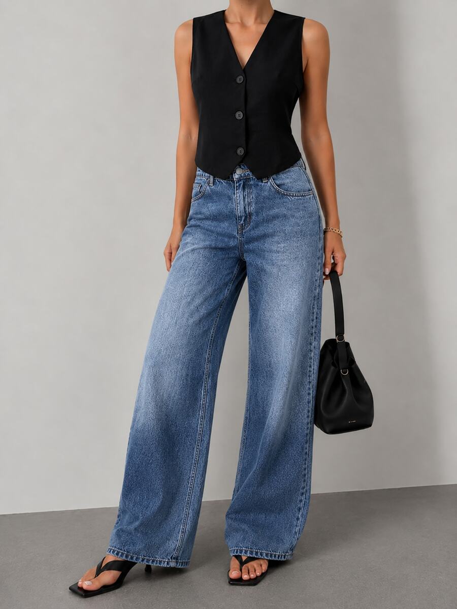 RiviMae Women's Low Waist Pocketed Wide Leg Loose Casual Versatile Jeans - Medium Wash - View 1