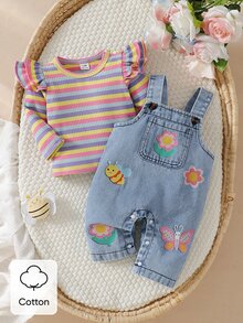 SHEIN Playful Pals 2件組女嬰韓式清新花卉與動物牛仔吊帶褲套裝，粉色荷葉袖羅紋長袖T恤，精緻花卉，柔軟面料，適中厚度，嬰兒2件套，春秋新品，適合派對、慶祝、日常穿著，0-1歲 - 彩色 - 查看 3