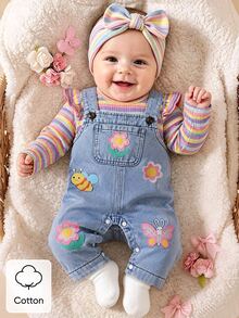 SHEIN Playful Pals 2件組女嬰韓式清新花卉與動物牛仔吊帶褲套裝，粉色荷葉袖羅紋長袖T恤，精緻花卉，柔軟面料，適中厚度，嬰兒2件套，春秋新品，適合派對、慶祝、日常穿著，0-1歲 - 彩色 - 查看 1