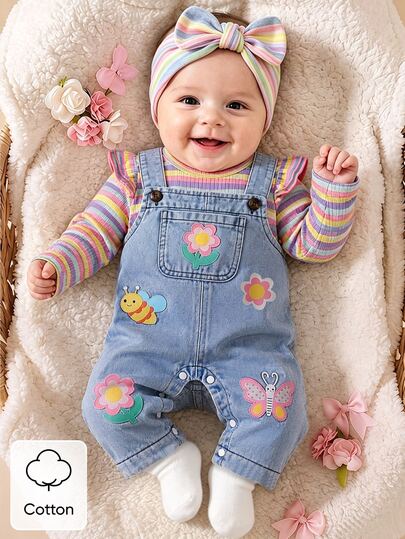 SHEIN 2pcs/Set Baby Girl Korean Style Fresh Floral & Animal Denim Overalls Outfit, Pink Flutter Sleeve Ribbed Long Sleeve T-Shirt, Delicate Floral, Soft Fabric, Regular Thickness, Infant 2 Pieces Set, Spring/Autumn New Arrival, Suitable For Party, Celebration, Daily Wear, 0-1 Years Old