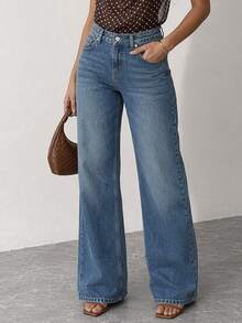 RiviMae WOMEN LOOSE LOW WAIST STRAIGHT MEDIUM BLUE WASH DENIM JEAN WITH BROWN BACK LABEL - Medium Wash - View 1