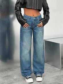 RiviMae WOMEN LOOSE LOW WAIST STRAIGHT MEDIUM BLUE WASH DENIM JEAN WITH BROWN BACK LABEL - Medium Wash - View 4