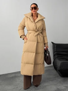 RiviMae Women Solid Color Pocket And Belted Detailed Regular Fit Long Wintercoats - Beige - View 3