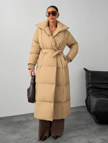 RiviMae Women Solid Color Pocket And Belted Detailed Regular Fit Long Wintercoats - Beige - View 4
