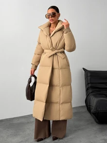 RiviMae Women Solid Color Pocket And Belted Detailed Regular Fit Long Wintercoats - Beige - View 7