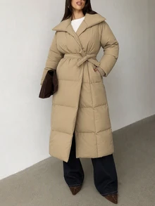 RiviMae Women Solid Color Pocket And Belted Detailed Regular Fit Long Wintercoats - Beige - View 1