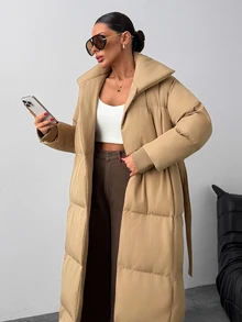 RiviMae Women Solid Color Pocket And Belted Detailed Regular Fit Long Wintercoats - Beige - View 6