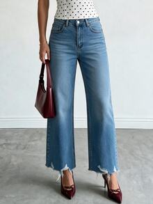 RiviMae WOMEN CLASSIC HIGH WAIST STRAIGHT LIGHT WASH DENIM JEAN COMFORT FABRIC - Medium Wash - View 1