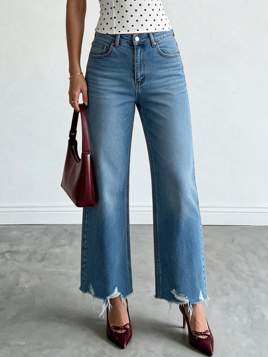 RiviMae WOMEN CLASSIC HIGH WAIST STRAIGHT LIGHT WASH DENIM JEAN COMFORT FABRIC - Medium Wash - View 1