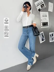 RiviMae WOMEN CLASSIC HIGH WAIST STRAIGHT LIGHT WASH DENIM JEAN COMFORT FABRIC - Medium Wash - View 3