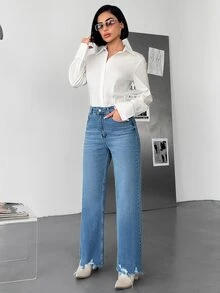 RiviMae WOMEN CLASSIC HIGH WAIST STRAIGHT LIGHT WASH DENIM JEAN COMFORT FABRIC - Medium Wash - View 5