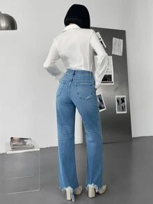 RiviMae WOMEN CLASSIC HIGH WAIST STRAIGHT LIGHT WASH DENIM JEAN COMFORT FABRIC - Medium Wash - View 2