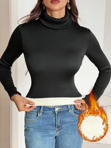 SHEIN Tall Women's Solid Color Slim Fit Versatile Daily Long Sleeve T-Shirt - Black - View 4