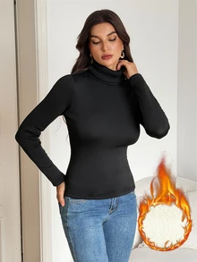 SHEIN Tall Women's Solid Color Slim Fit Versatile Daily Long Sleeve T-Shirt - Black - View 8