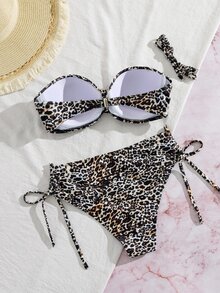 SHEIN Women's Random Print High Waist Bikini Set With Bandeau Top, Summer - Multicolor - View 5
