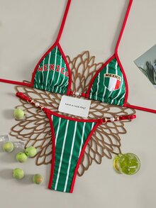 Swim Vcay Summer New Sexy Halter Tie Bikini Set For Women, Small Bust Flattering Slimming Design, Mexico Soccer Print Red With Thin Trim, Fashionable Bikini With Pearl Buckle Accessory, Triangle Top, Beach Holiday Vacation Hot Spring Seaside Honeymoon Casual Swimwear - Multicolor - View 3