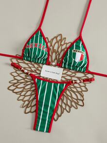 Swim Vcay Summer New Sexy Halter Tie Bikini Set For Women, Small Bust Flattering Slimming Design, Mexico Soccer Print Red With Thin Trim, Fashionable Bikini With Pearl Buckle Accessory, Triangle Top, Beach Holiday Vacation Hot Spring Seaside Honeymoon Casual Swimwear - Multicolor - View 4