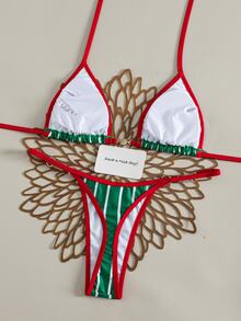Swim Vcay Summer New Sexy Halter Tie Bikini Set For Women, Small Bust Flattering Slimming Design, Mexico Soccer Print Red With Thin Trim, Fashionable Bikini With Pearl Buckle Accessory, Triangle Top, Beach Holiday Vacation Hot Spring Seaside Honeymoon Casual Swimwear - Multicolor - View 2