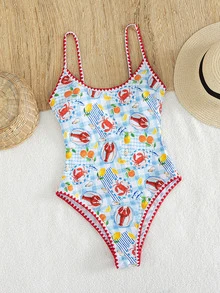 SHEIN Swim 春夏新款歐美風一件式性感高衩紅色幸運魚印花撞色細邊貝殼邊小胸托高雙肩帶性感一件式泳衣，適合女性與女孩，甜美清新顯瘦泳裝，適用於溫泉、海灘、度假、生日派對 - 彩色 - 查看 5