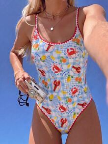 SHEIN Swim 春夏新款歐美風一件式性感高衩紅色幸運魚印花撞色細邊貝殼邊小胸托高雙肩帶性感一件式泳衣，適合女性與女孩，甜美清新顯瘦泳裝，適用於溫泉、海灘、度假、生日派對 - 彩色 - 查看 8