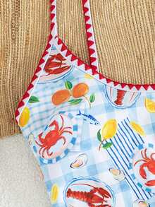 SHEIN Swim 春夏新款歐美風一件式性感高衩紅色幸運魚印花撞色細邊貝殼邊小胸托高雙肩帶性感一件式泳衣，適合女性與女孩，甜美清新顯瘦泳裝，適用於溫泉、海灘、度假、生日派對 - 彩色 - 查看 6