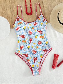SHEIN Swim 春夏新款歐美風一件式性感高衩紅色幸運魚印花撞色細邊貝殼邊小胸托高雙肩帶性感一件式泳衣，適合女性與女孩，甜美清新顯瘦泳裝，適用於溫泉、海灘、度假、生日派對 - 彩色 - 查看 4