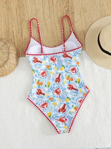 SHEIN Swim 春夏新款歐美風一件式性感高衩紅色幸運魚印花撞色細邊貝殼邊小胸托高雙肩帶性感一件式泳衣，適合女性與女孩，甜美清新顯瘦泳裝，適用於溫泉、海灘、度假、生日派對 - 彩色 - 查看 3
