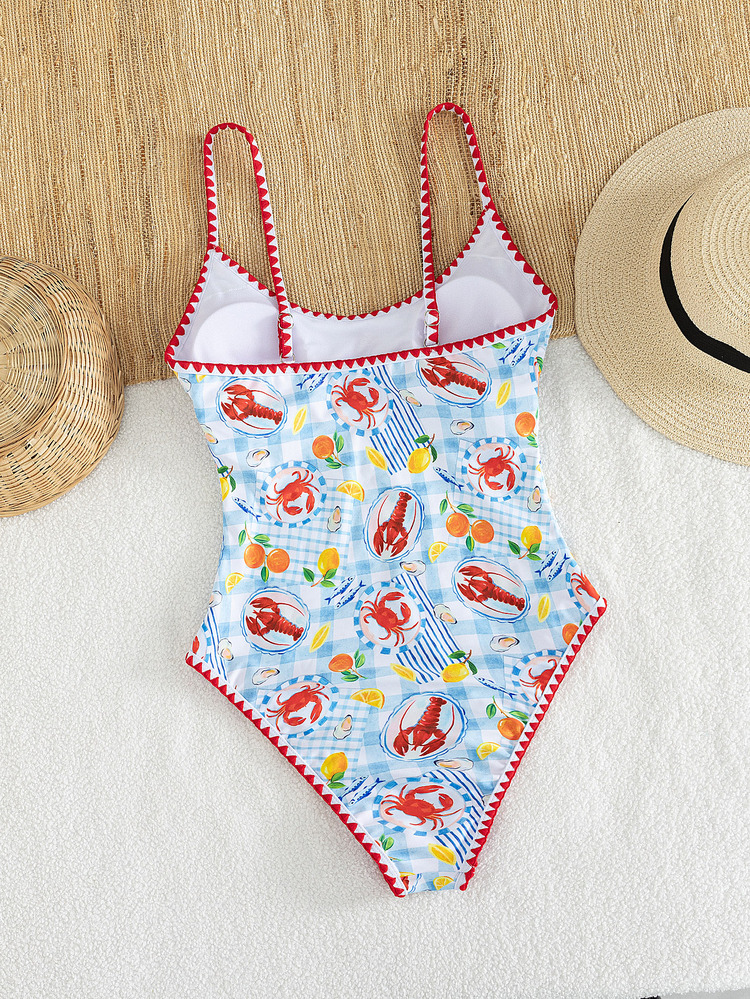 SHEIN Swim Summer Spring New European And American Style One-Piece Sexy High-Cut Red Lucky Fish Print Colorblock Thin Trim Shell Edge Small Bust Push-Up Double Shoulder Strap Sexy One-Piece Swimsuit For Women And Girls, Sweet Fresh Slimming Swimwear For Hot Springs, Beach, Vacation, Birthday Party - Multicolor - View 2
