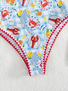 SHEIN Swim 春夏新款歐美風一件式性感高衩紅色幸運魚印花撞色細邊貝殼邊小胸托高雙肩帶性感一件式泳衣，適合女性與女孩，甜美清新顯瘦泳裝，適用於溫泉、海灘、度假、生日派對 - 彩色 - 查看 7