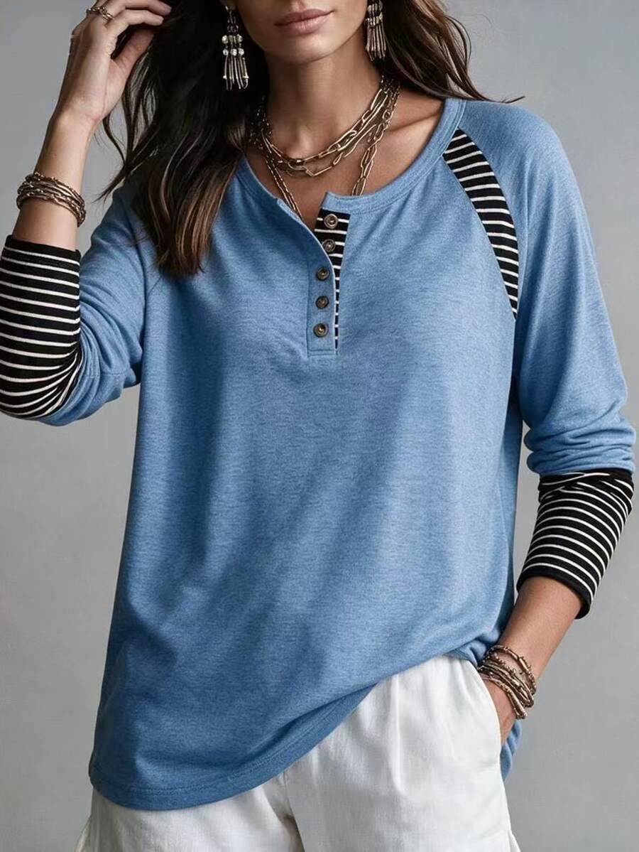 Breezaya Kaos Henley Lengan Panjang Gaya Country Wanita, Atasan Kasual Raglan Setengah Kancing dengan Potongan Garis-garis, Kain Lembut, Gaya Country, Perjalanan Peternakan, Warna Abu-abu, Kasual Gaya Barat. - Biru - View 1