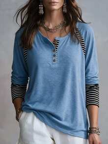 Breezaya Kaos Henley Lengan Panjang Gaya Country Wanita, Atasan Kasual Raglan Setengah Kancing dengan Potongan Garis-garis, Kain Lembut, Gaya Country, Perjalanan Peternakan, Warna Abu-abu, Kasual Gaya Barat. - Biru - View 3