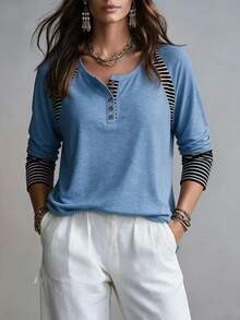 Breezaya Kaos Henley Lengan Panjang Gaya Country Wanita, Atasan Kasual Raglan Setengah Kancing dengan Potongan Garis-garis, Kain Lembut, Gaya Country, Perjalanan Peternakan, Warna Abu-abu, Kasual Gaya Barat. - Biru - View 4