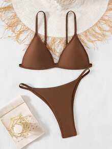 SHEIN Swim Basics 女款夏季套裝 純色性感低腰三角杯比基尼泳衣套裝 海灘巧克力棕色 - 棕色 - 查看 3
