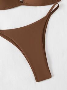 SHEIN Swim Basics 女款夏季套裝 純色性感低腰三角杯比基尼泳衣套裝 海灘巧克力棕色 - 棕色 - 查看 5