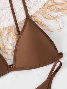 SHEIN Swim Basics 女款夏季套裝 純色性感低腰三角杯比基尼泳衣套裝 海灘巧克力棕色 - 棕色 - 查看 4