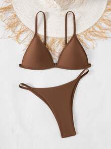SHEIN Swim Basics 女款夏季套裝 純色性感低腰三角杯比基尼泳衣套裝 海灘巧克力棕色 - 棕色 - 查看 1
