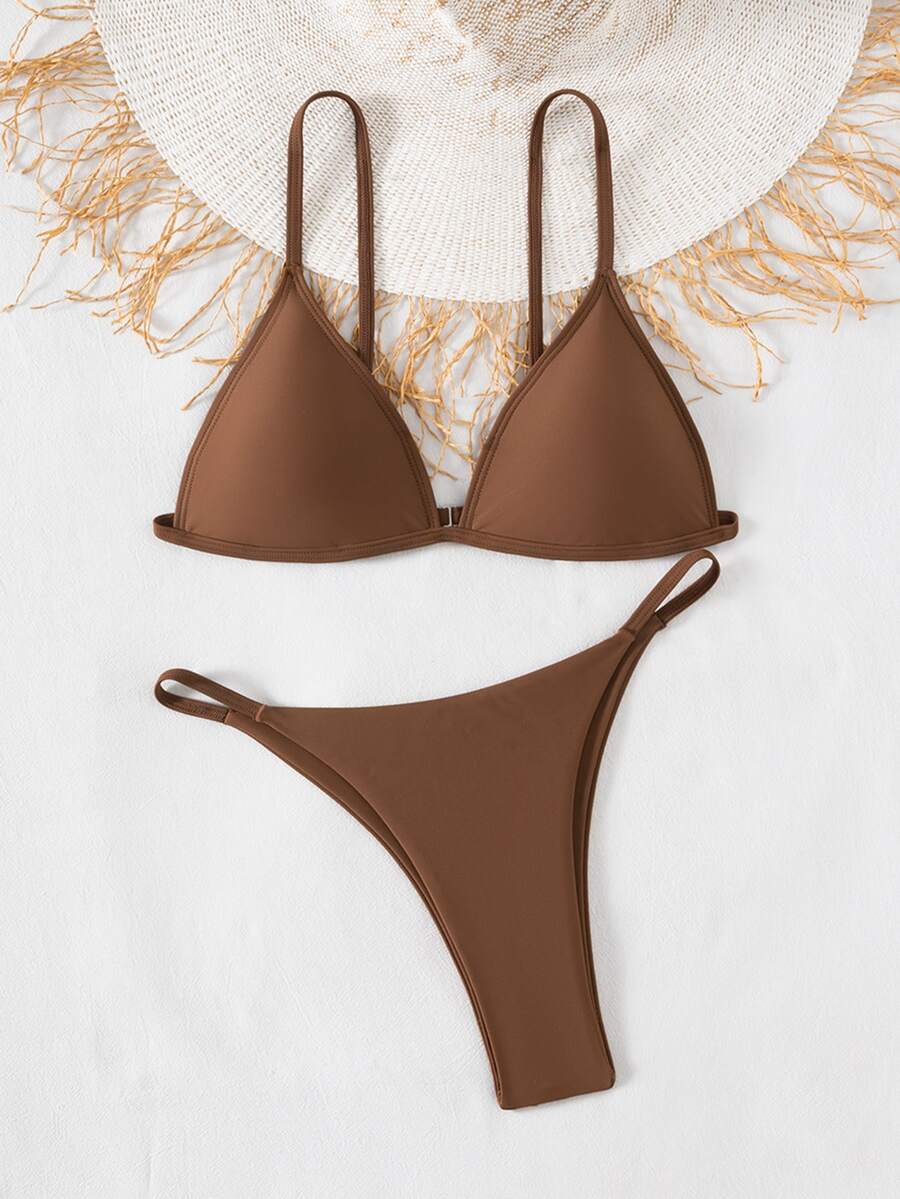 SHEIN Swim Basics 女款夏季套裝 純色性感低腰三角杯比基尼泳衣套裝 海灘巧克力棕色 - 棕色 - 查看 1