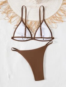 SHEIN Swim Basics 女款夏季套裝 純色性感低腰三角杯比基尼泳衣套裝 海灘巧克力棕色 - 棕色 - 查看 2