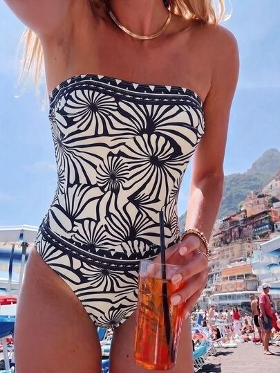 Swim Vcay Women's Summer Vacation Beach Sexy Floral Print Tank Top Bandeau With Detachable Straps And Matching Floral Bikini Bottom Set