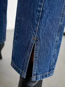 SHEIN Women High Waist Navy Blue Straight Leg Casual Jeans Dinner Winter - Medium Wash - View 5