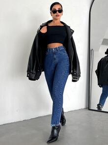 SHEIN Women High Waist Navy Blue Straight Leg Casual Jeans Dinner Winter - Medium Wash - View 3