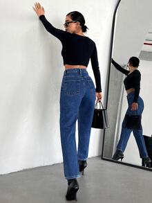 SHEIN Women High Waist Navy Blue Straight Leg Casual Jeans Dinner Winter - Medium Wash - View 2